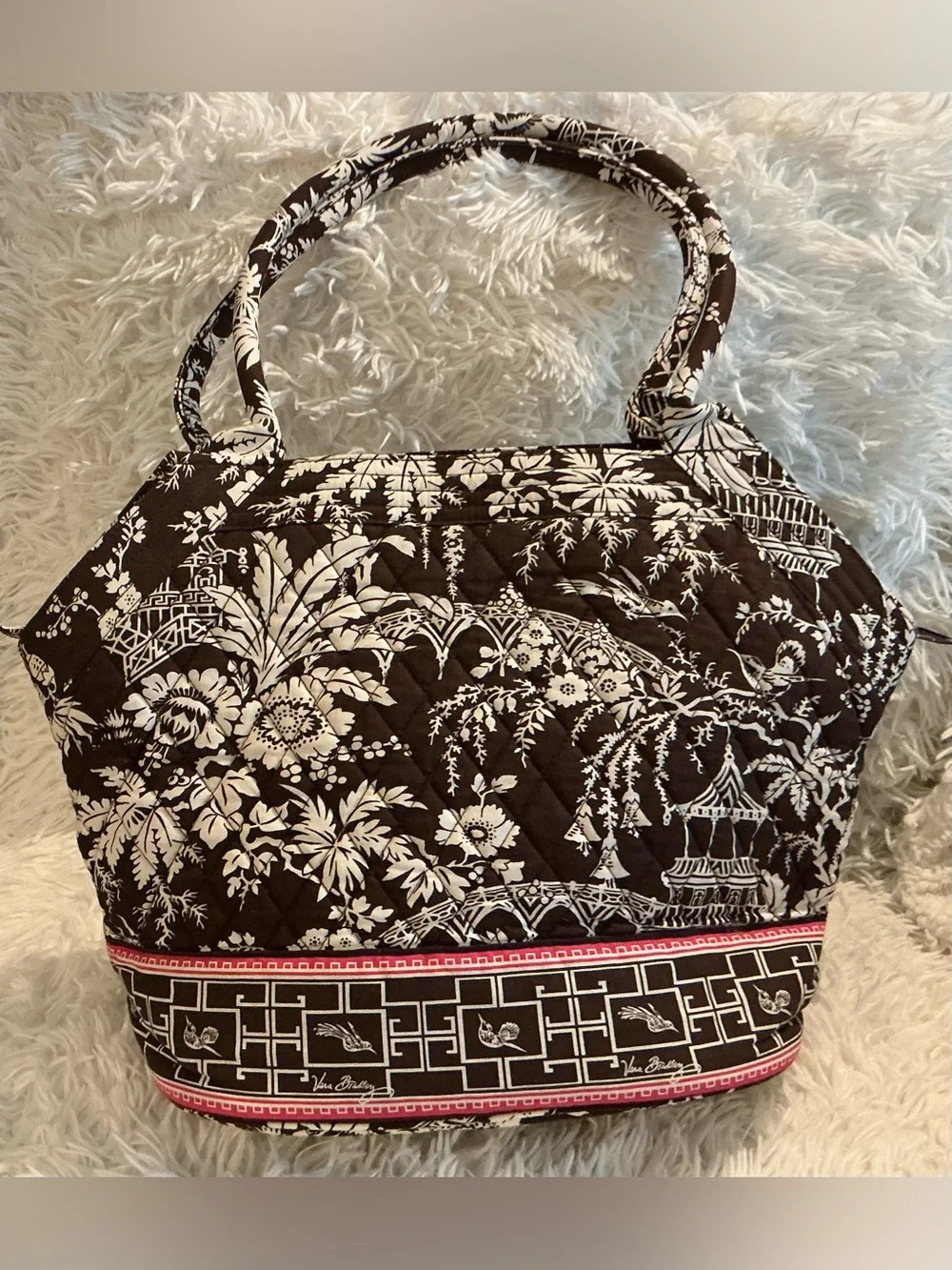 Vera Bradley Imperial Toile Brown Pink Quilted Satchel Shoulder Bag Zip Tote